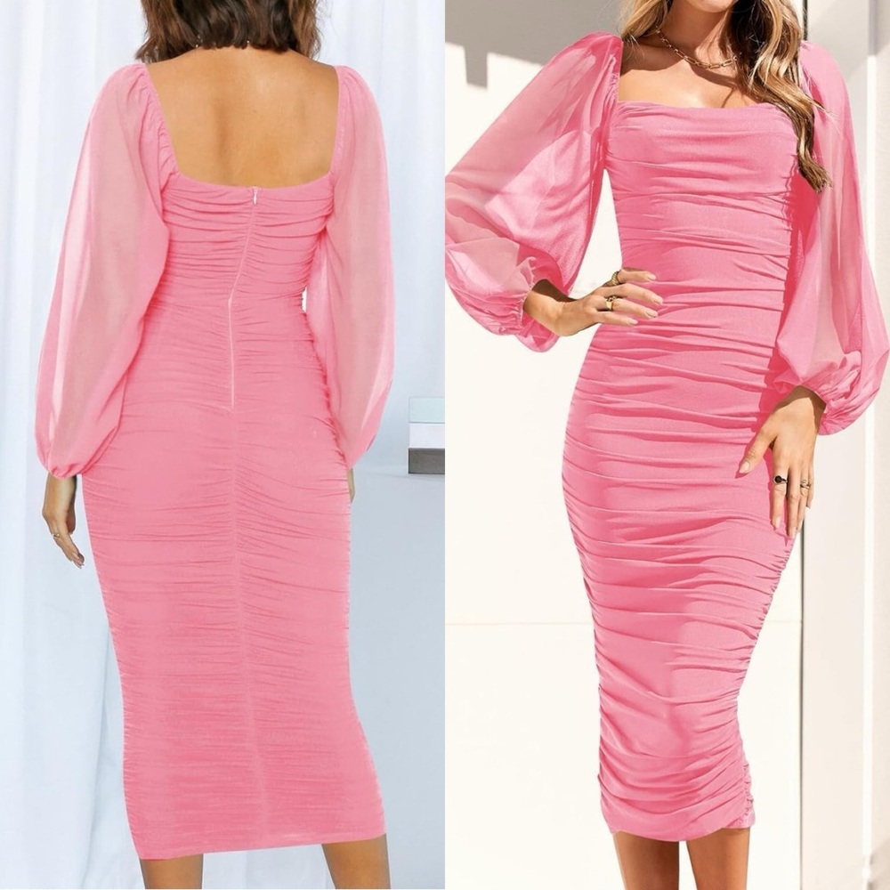 NWT‎ Sexy Ruched Bodycon Midi Dress Long Puff Sleeve Square Neck Backless SIZE M